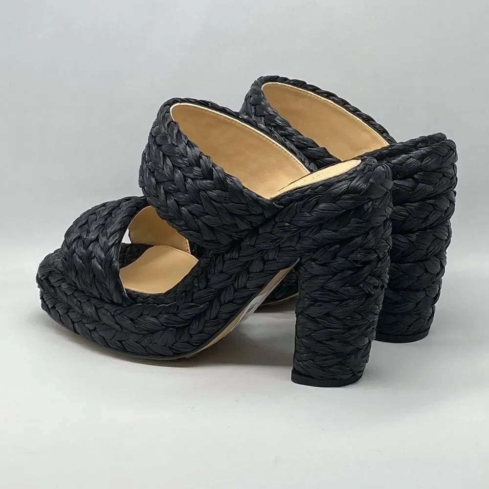 Bottega Veneta Trinity Weave Black Raffia Platform Sandals size 38